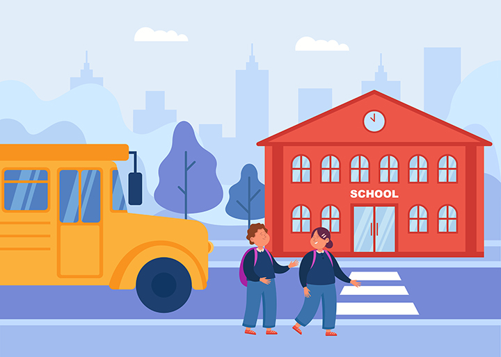 Bus next to cartoon children crossing road to school